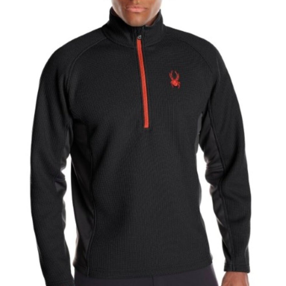 Spyder Mens XL Quarter Zip Pullover Waffle‎ Knit Fleece Black Orange Logo